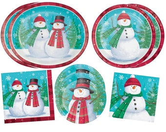 Smiling Snowman Christmas Party Dinnerware, Holiday Tableware, Serves 16