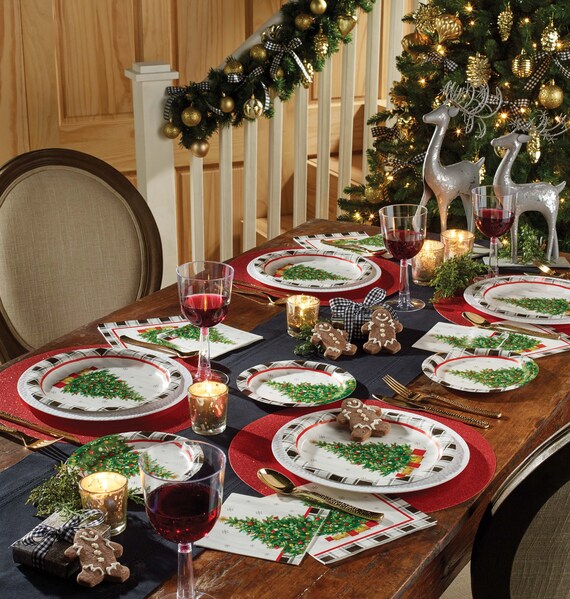 Christmas Party Dinnerware Set Black White Buffalo Plaid Holiday Tree Tableware Paper Plates Napkins and Table Cover Serves 16 Etsy UK