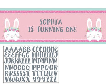 Personalized Bunny 1st Birthday Banner, Pink Party Decor
