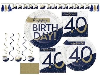 Navy Blue & Gold 40th Birthday Party Supplies, Banner, Plates, Napkins