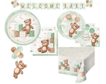Teddy Bear Baby Shower Party Pack, Gender Neutral Baby Shower Teddy Bear Paper Plates, Napkins, Table Cover and Decorations for 24 Guests