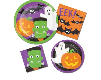 Friendly Halloween Party Set – Ghost, Bat, & Frankenstein Tableware, Serves 8