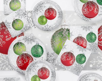 Christmas Party Dinnerware Set, Elegant Ornaments Tableware, Paper Plates, Napkins & Tablecloth, Serves 16