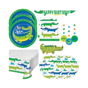 Kids Alligator Birthday Party Supplies Set | Zoo Safari Disposable Paper Plates Napkins Tablecloth and Crocodile Decorations for 24