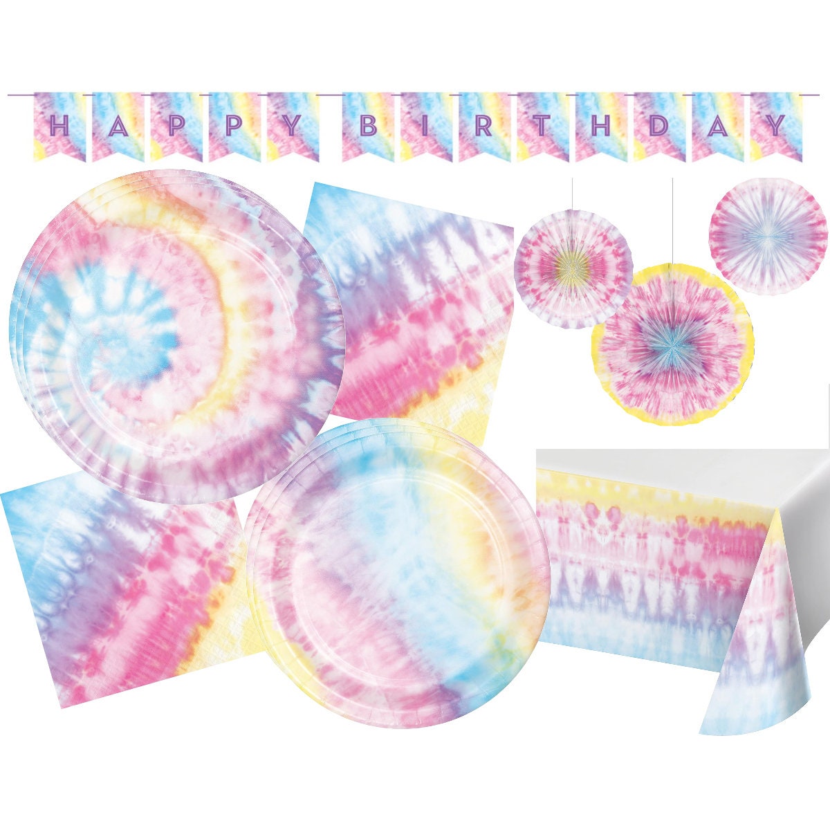 Tie Dye Party Decorations & Birthday Supplies 16 Guests Set Includes  Banner, Balloons, Jumbo Tablecloth, Plates and Disposable Tableware 