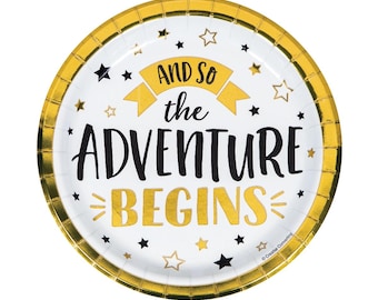 Adventure Begins Graduation Plates, Black and Gold, Serves 8