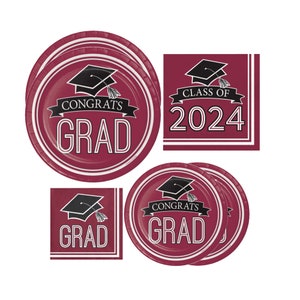 Graduation Party Supplies Tableware Set - Burgundy Maroon Class of 2024 Disposable Dinnerware Paper Plates and Napkins for 36 Guests