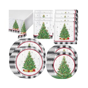 May include: A Christmas-themed party supply set with a white and black plaid design. The set includes a tablecloth, napkins, plates, and a festive Christmas tree design.