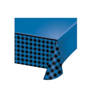Blue Buffalo Plaid Table Cover - Buffalo Plaid Party Supplies, Party Decorations, Birthday Decorations, Paper Tablecover, Moose Birthday
