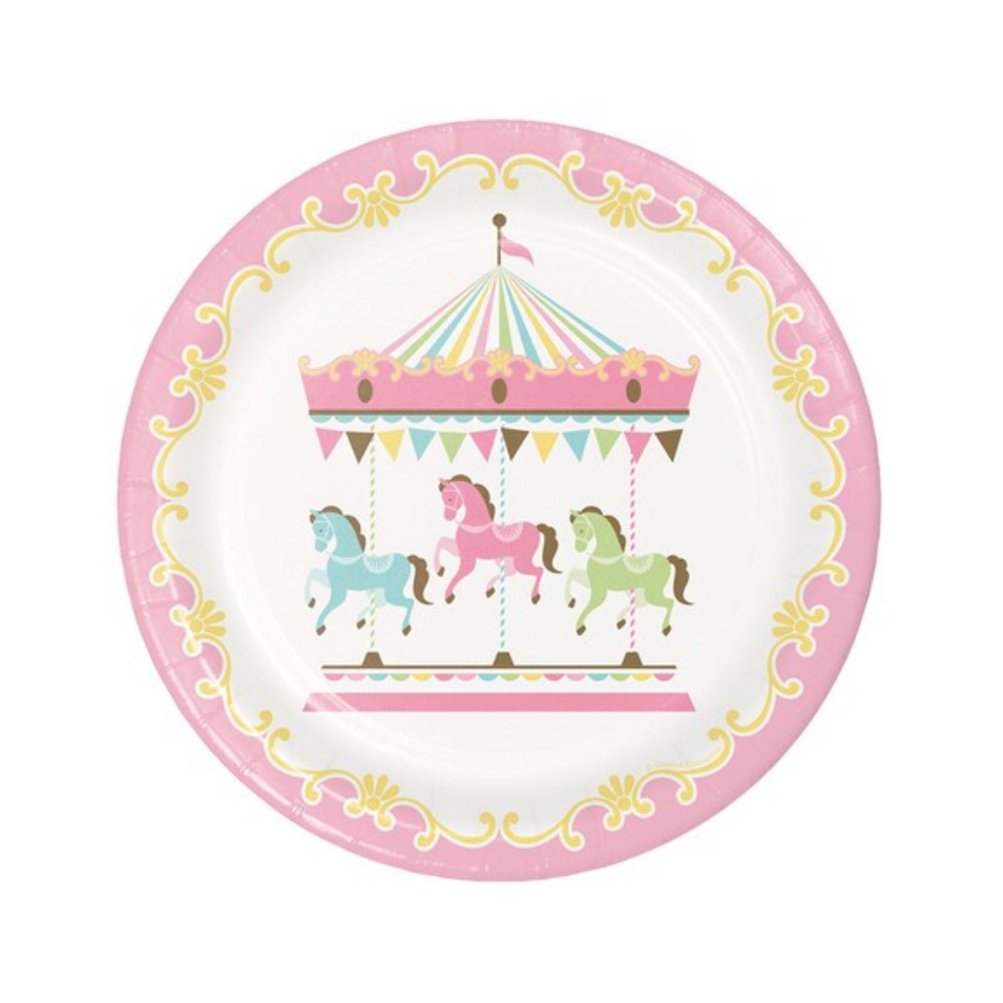 Pink Carousel 9-inch Dinner Plates, Horse Carousel Party Supplies Table Decorations, Disposable Tableware for Girls Birthday or Baby Shower