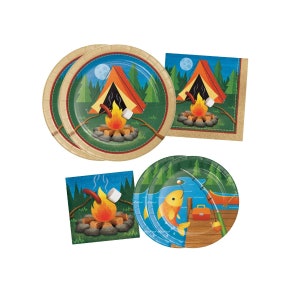 Kids Camping Fishing Birthday Party Supplies Set, Happy Camper Smores Disposable Paper Plates and Napkins Set, Serves 16