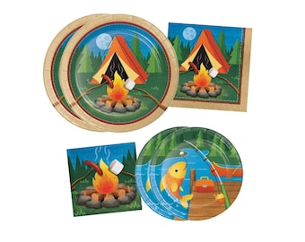 Camping Birthday Party Supplies, Happy Camper Plates and Napkins, Serves 16
