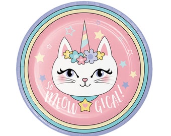 Unicorn Cat Plates - Caticorn Party, Unicorn Party Supplies, Cat Party 9" Plates, Kitty Party, Pastel Rainbow Party, Kitty Unicorn Birthday