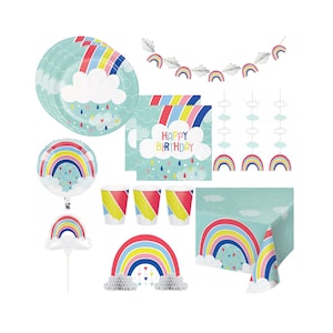 Rainbow Showers Birthday Party Set, Disposable Dinnerware Tableware Paper Plates, Napkins, Cups, Tablecloth & Rainbow Decorations, Serves 24