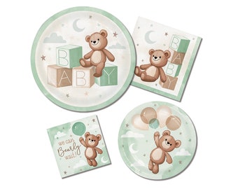 Teddy Bear Plates and Napkins, Baby Shower Tableware, Gender Neutral Baby Shower Teddy Bear, Bear Party Decor, We Can Bearly Wait Party