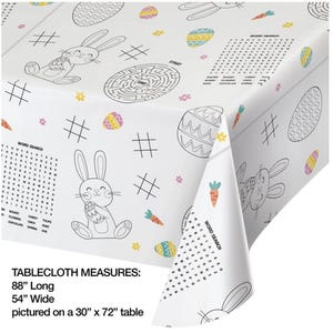 May include: White plastic tablecloth with a black and white Easter bunny, egg, and carrot design. The tablecloth also features a word search puzzle and a maze. The tablecloth measures 88 inches long and 54 inches wide. It is pictured on a 30 inch by 72 inch table.