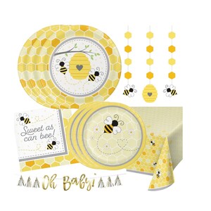 Bumblebee Baby Shower Decorations & Disposable Dinnerware Paper Plates Napkins and Tablecloth – Bumblebee Baby Décor and Tableware for 24