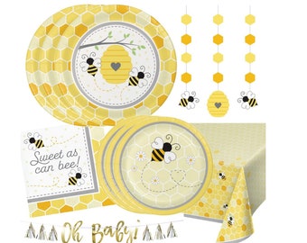 Bumblebee Baby Shower Decorations & Disposable Dinnerware Paper Plates Napkins and Tablecloth – Bumblebee Baby Décor and Tableware for 24