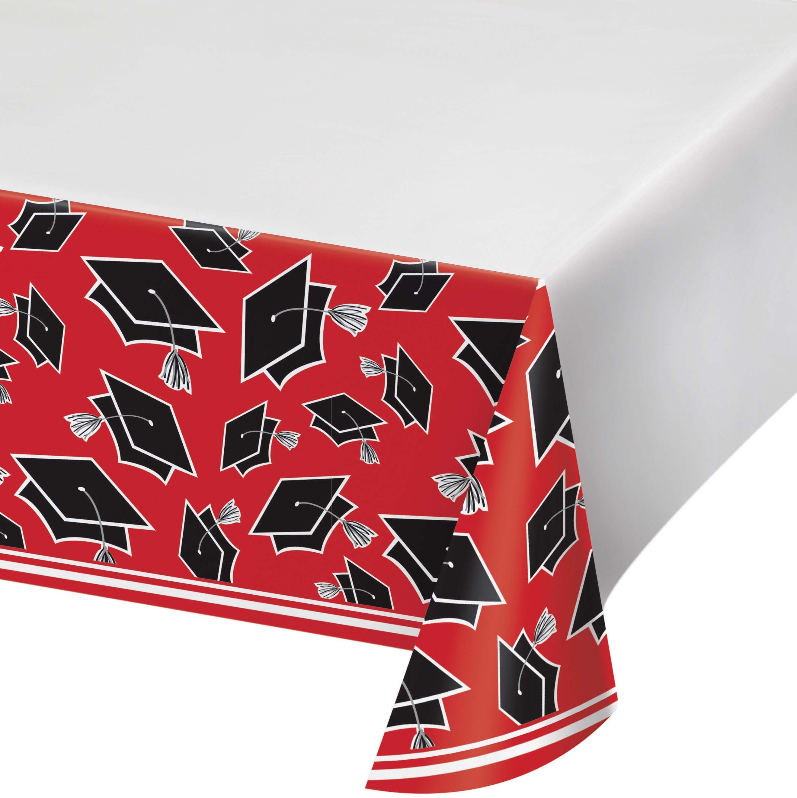 Graduation Cover Red Red Graduation Table Cover, Mortarboard Print, Disposable Plastic ...