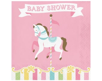 Pink Carousel Baby Shower Lunch Napkins, Horse Carousel Paper Napkins 6.5&quot; Table Decorations, Disposable Tableware for Girls Baby Shower