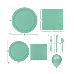 May include: A set of mint green party supplies including 9-inch and 7-inch paper plates, 6.5-inch napkins, plastic cutlery, and a balloon.