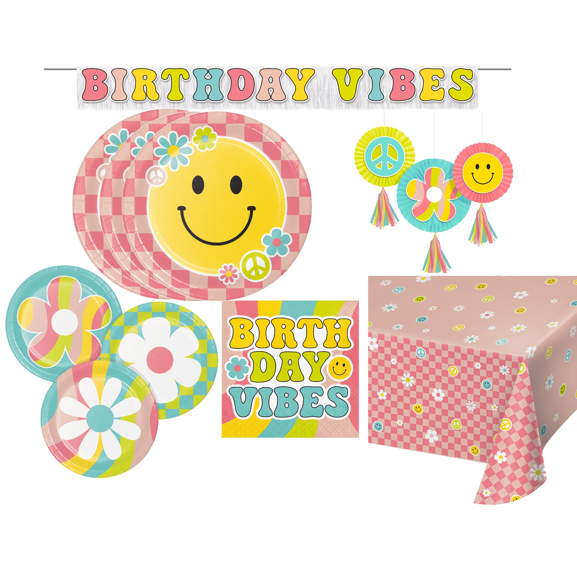 Girls Birthday Party Pack Groovy Flower Power Hippie Peace Birthday Party Supplies Plates Napkins Tablecloth and Decorations