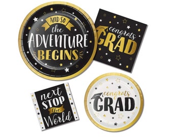 Black & Gold Graduation Party Tableware, Graduation Plates and Napkins Dinnerware for 16 Guests