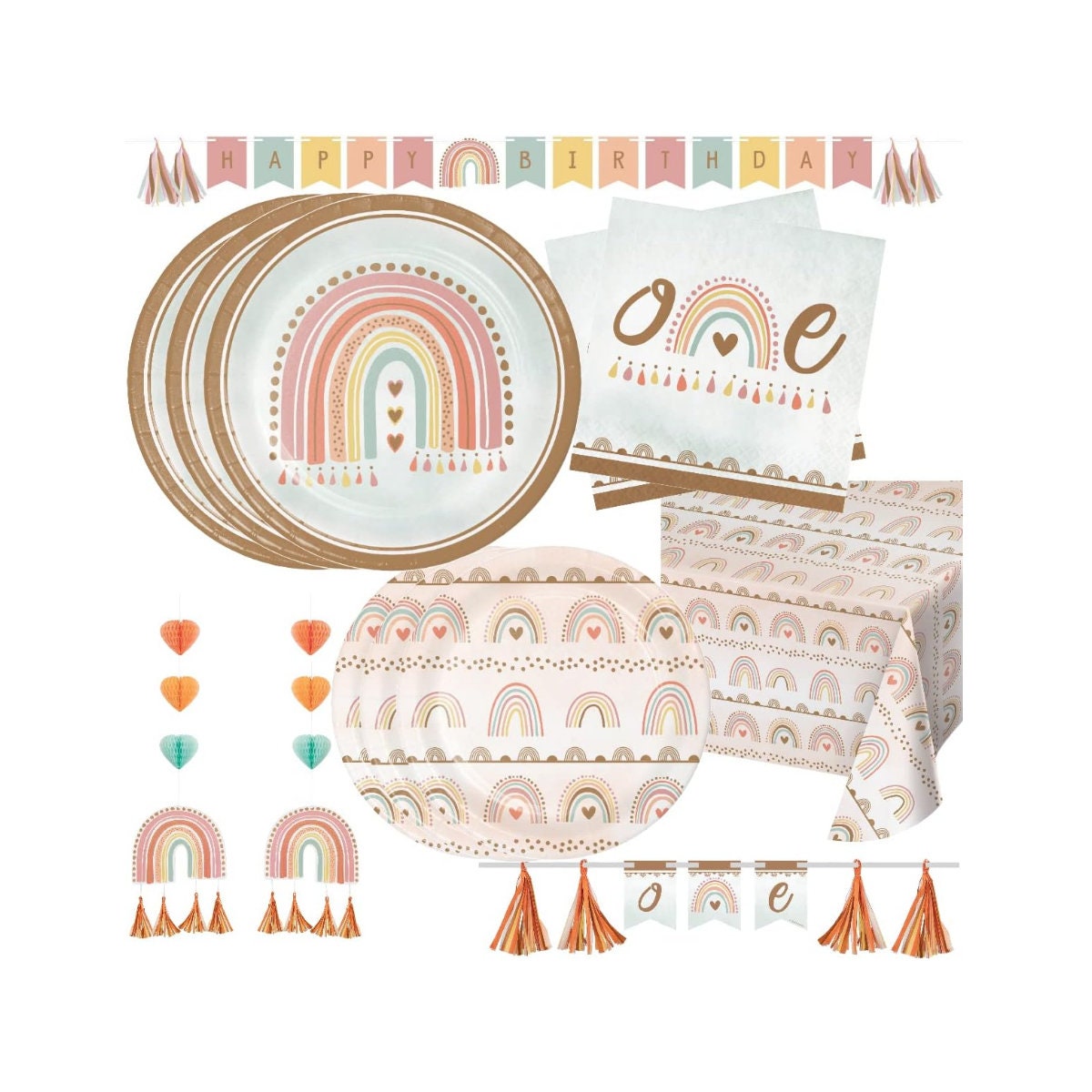 Girls 1st Birthday Boho Rainbow Party Supplies Pack Bohemian Disposable Paper Plates Napkins Table Cover and Decorations