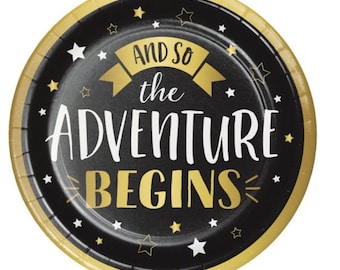 Black and Gold Graduation Dinner Plates, Adventure Begins, Serves 8