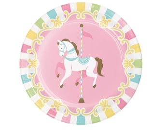 Pink Carousel 7-inch Dessert Plates, Horse Carousel Party Supplies Table Decorations, Disposable Tableware for Girls Birthday or Baby Shower