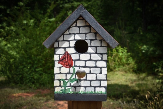 Hand Painted Handmade Faux Brick Wooden Birdhouse With Rose Etsy