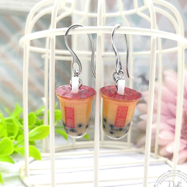 Miniature Thai Milk Tea Earrings Boba Tea Earrings Bubble Tea Bijoux Handmade Cadeaux Cadeau de Noël pour filles Teens Sister Girlfriend