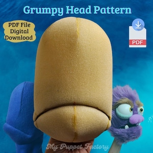 Könnte beinhalten: Nahaufnahme eines gelben Schaumstoff-Puppenkopf-Musters. Das Muster ist für einen mürrisch aussehenden Puppenkopf. Das Muster ist als digitaler Download verfügbar. Der Text "Grumpy Head Pattern" befindet sich oben im Bild. Der Text "PDF File Digital Download" befindet sich unten links im Bild. Der Text "PDF" befindet sich unten rechts im Bild.