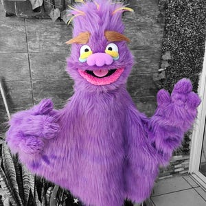 May include: A plush purple puppet with a furry body, large hands, and a smiling face. The puppet has a pink mouth, a pink nose, and yellow, blue, and white eyes. The puppet has brown eyebrows and yellow and orange hair.