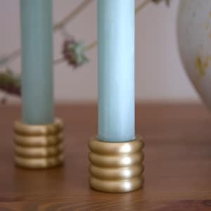 Premium Heavyweight Ribbed Solid Brass Satin Gold Finish Candle Holder | Minimalist Modern Brass Taper Candle Holders