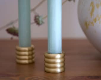 Premium Heavyweight Ribbed Solid Brass Satin Gold Finish Candle Holder | Minimalist Modern Brass Taper Candle Holders