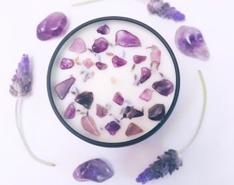 Enchanted lavender - crystal candle -stress relief candle - aromatherapy soy candle - Amethyst - lavender candle - Gifts