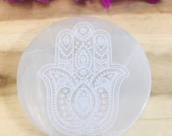 Hamsa etched selenite plate