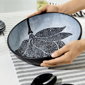 Handbemalte Keramik Salatschüssel, 32 cm große Obstschale, Graue Servierschüssel,Servierplatte,Servierplatte,Weihnachtsgeschenk,