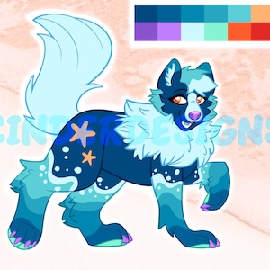Peut inclure: Illustration numérique d'une créature canine stylisée aux tons bleus et turquoise. Le design comprend une crinière, une queue et des accents duveteux, avec des motifs d'étoiles de mer et de points. Le texte "Cinder Designs" est visible.