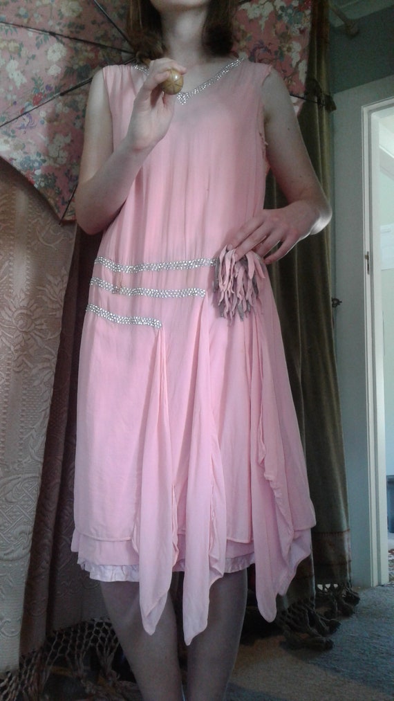 vintage 1920s pink chiffon dress with diamantes