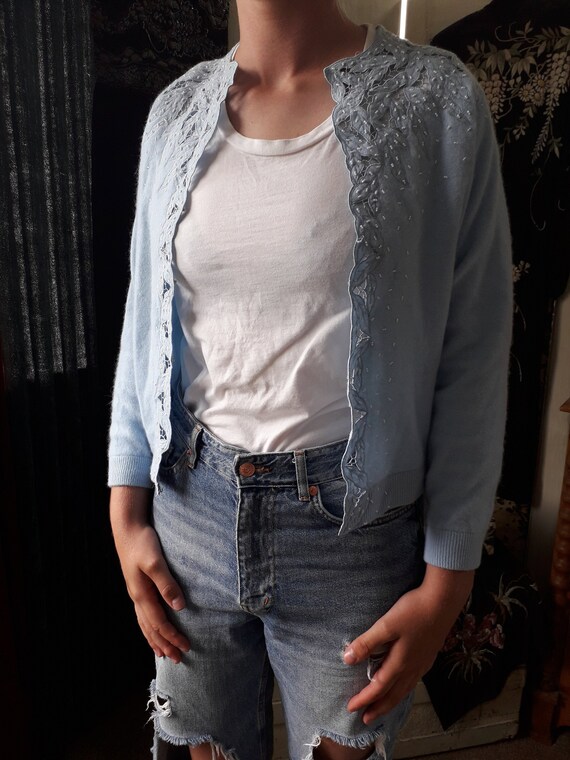 1950s Blue Wool Beaded Sweater