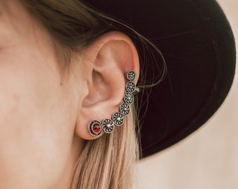 1 Piece Silver Ear Cuff, Armenian Earrings, Wrap Earrings, Red Garnet Cuff, Armenian Gift, Red Stone Cuff, Silver Earring, Armenian Jewelry