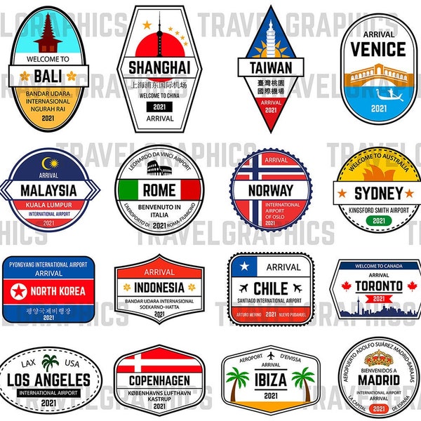 50 International Travel Digital Passport Stamps - 2021 and Customizeable Year - High Quality, PNG/JPG, Digital Download. Perfect Clipart!