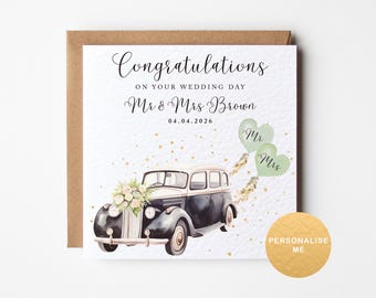 Personalised Wedding Card, Vintage Car Design, Sage Green, Mr & Mrs Congratulations