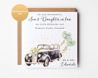 Personalised wedding card for Son & Daughter-in-law, Includes name, date and location, vintage wedding car, sage green