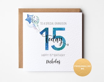 Personalised 15th birthday card for him, 15th birthday gift for grandson, Age 15 card, for nephew, for brother, for son, for godson