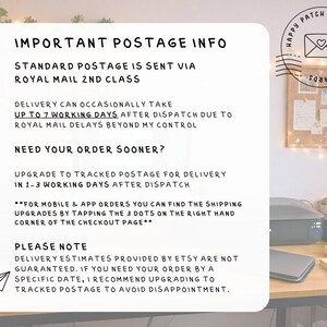 May include: A white card with black text detailing postage information, including standard and tracked options. The card is on a wooden desk with a corkboard and printer in the background. The Happy Patch Prints logo is in the upper right corner.
