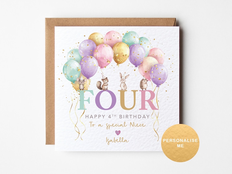 Niece 4th birthday card, personalised fourth birthday gift for granddaughter, Age 4 card for daughter, animal birthday, for goddaughter image 1