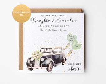 Personalised wedding card for Daughter & Son-in-law, Includes name, date and location, vintage wedding car, sage green